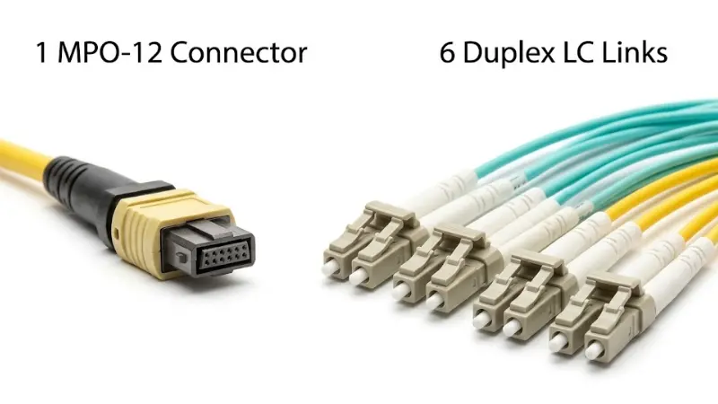 Comparison of one MPO-12 connector and six duplex LC fiber links Comparison of one MPO-12 connector and six duplex LC fiber links