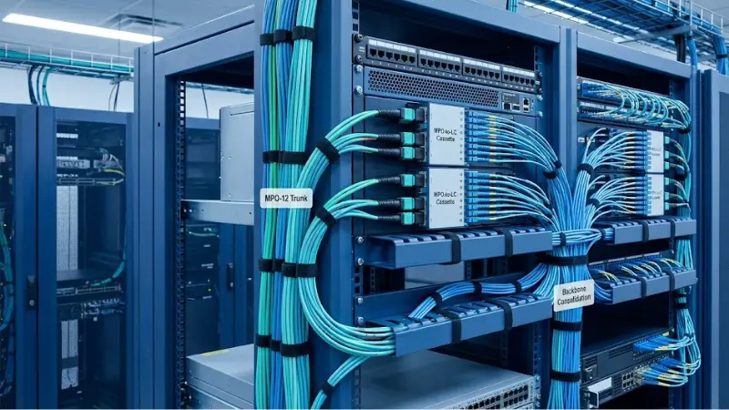 MPO-12 trunk cable connected to MPO-to-LC cassettes in a data center backbone