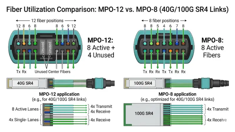 MPO-12 versus MPO-8 fiber utilization for 40G and 100G parallel optics