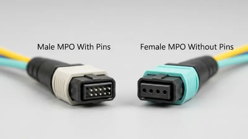 Male and female MPO fiber connectors showing alignment pins and pin holes Male and female MPO fiber connectors showing alignment pins and pin holes