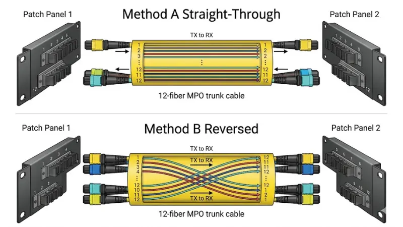 MPO fiber polarity diagram comparing Method A and Method B connections MPO fiber polarity diagram comparing Method A and Method B connections