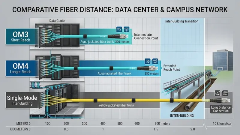 OM3 OM4 and single-mode fiber selection for MPO-12 cable distance planning