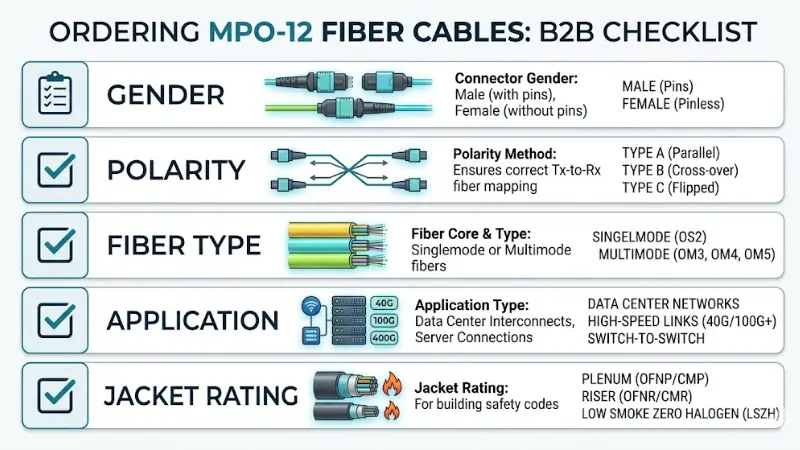 MPO-12 fiber cable buying checklist for gender polarity fiber type application and jacket rating MPO-12 fiber cable buying checklist for gender polarity fiber type application and jacket rating