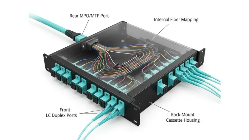 Cutaway view of an MPO/MTP cassette showing rear MPO port, internal fiber mapping and front LC duplex ports Cutaway view of an MPO/MTP cassette showing rear MPO port, internal fiber mapping and front LC duplex ports