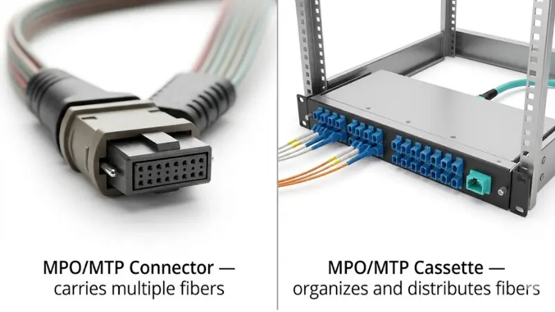 Comparison of an MPO/MTP connector and an MPO/MTP cassette module Comparison of an MPO/MTP connector and an MPO/MTP cassette module