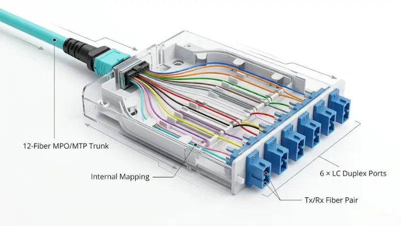 12-fiber MPO/MTP trunk mapped to six LC duplex ports inside a fiber cassette 12-fiber MPO/MTP trunk mapped to six LC duplex ports inside a fiber cassette