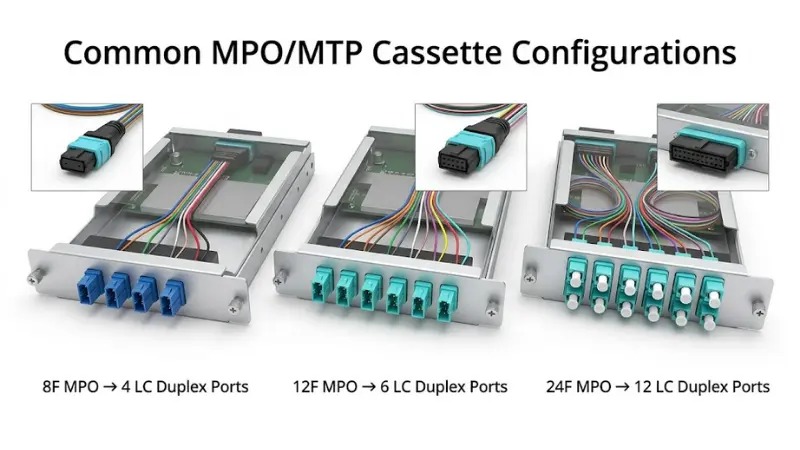 Common MPO/MTP cassette configurations including 8-fiber, 12-fiber and 24-fiber breakouts to LC duplex ports Common MPO/MTP cassette configurations including 8-fiber, 12-fiber and 24-fiber breakouts to LC duplex ports
