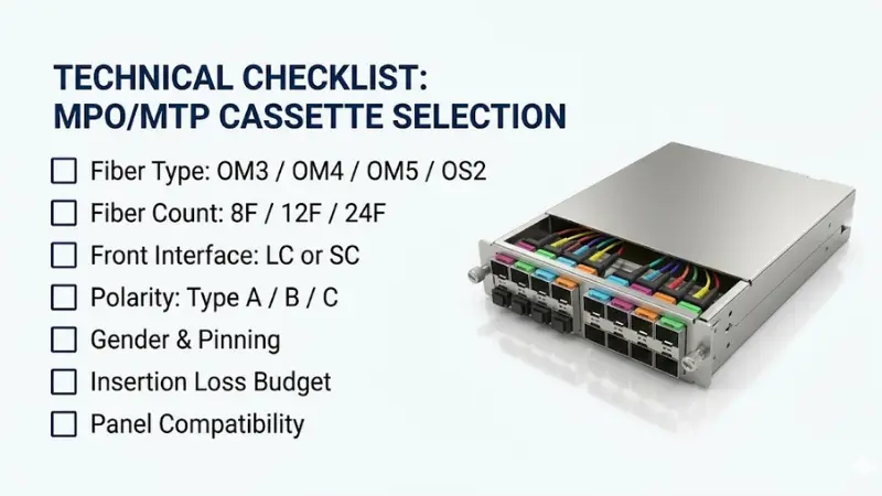 Checklist for choosing the right MPO/MTP cassette including fiber type, fiber count, polarity and insertion loss budget Checklist for choosing the right MPO/MTP cassette including fiber type, fiber count, polarity and insertion loss budget