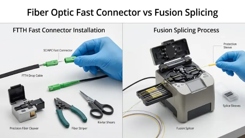 Fiber optic fast connector vs fusion splicing comparison for FTTH and field installationnd field installation