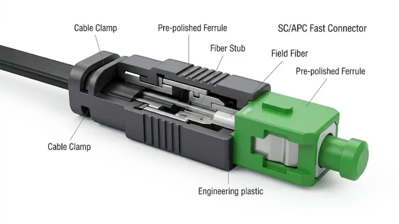 SC APC fiber optic fast connector structure with pre-polished ferrule and field fiber
