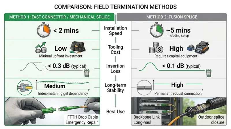 Mechanical splice and fusion splice comparison of insertion loss cost speed and stability