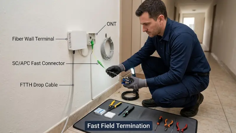 FTTH drop cable termination with SC APC fiber optic fast connector at subscriber side