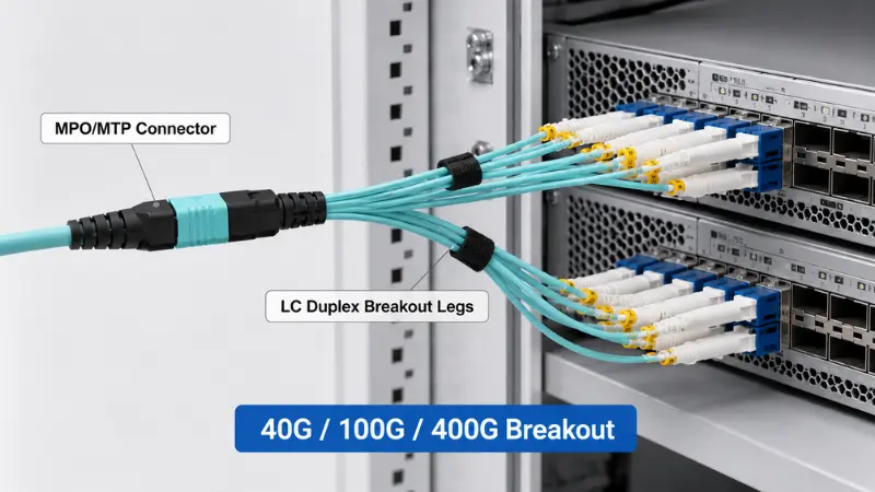 MPO breakout cable with MPO connector splitting into LC duplex breakout legs in a data center rack