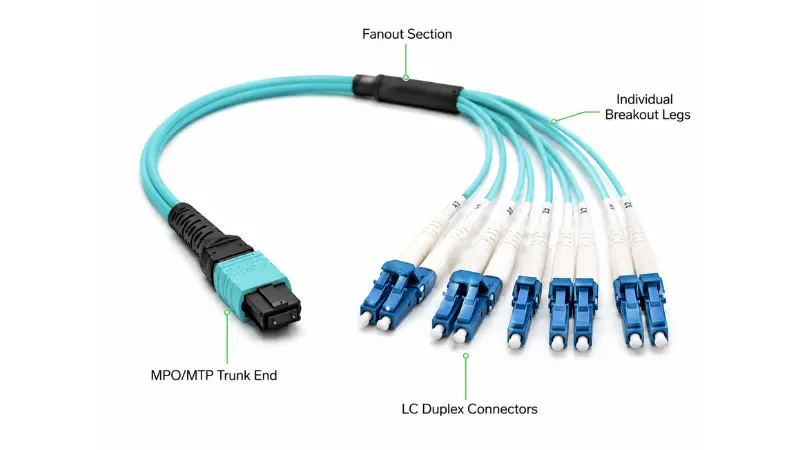 MPO to LC breakout cable structure showing MPO trunk end, fanout section and LC duplex connectors