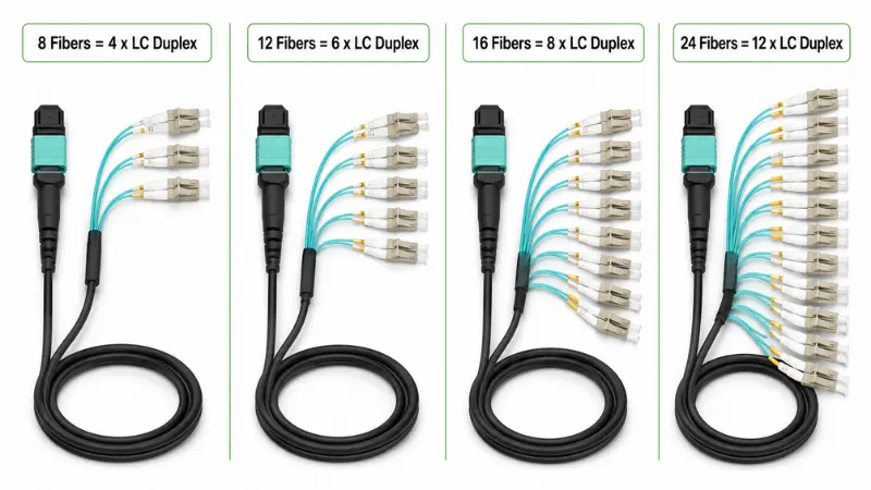 Comparison of 8 fiber, 12 fiber, 16 fiber and 24 fiber MPO breakout cable configurations
