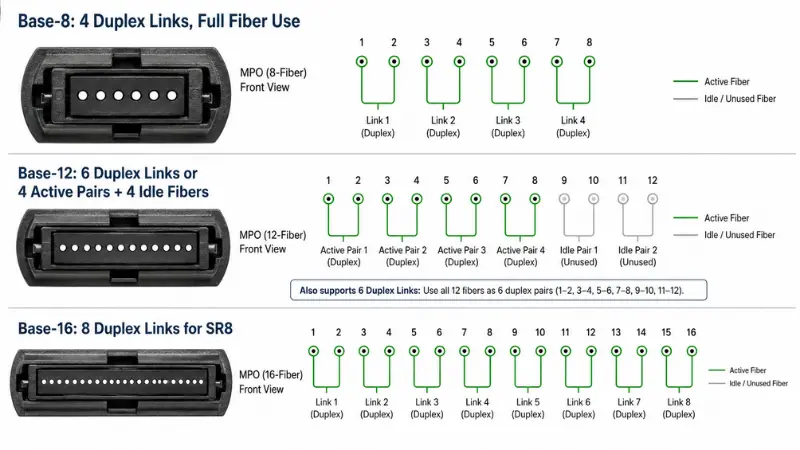 Base-8, Base-12 and Base-16 MPO breakout cable comparison with active and idle fiber lanes