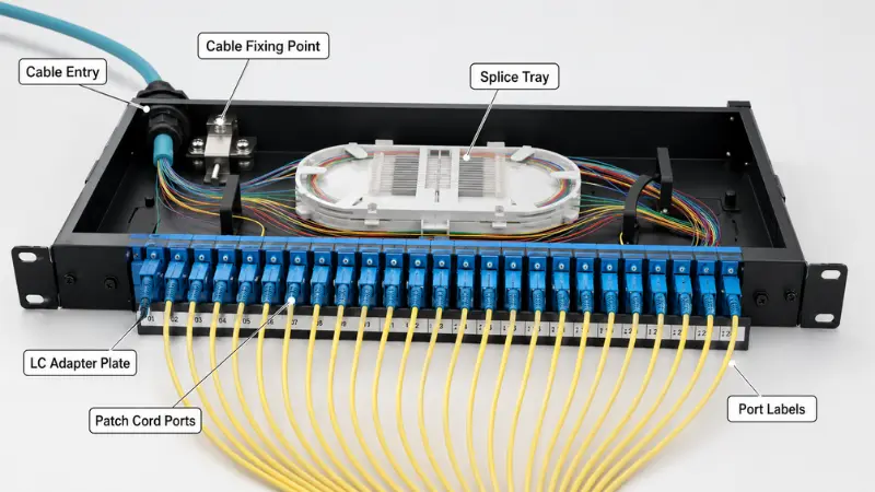 Open 1U fiber patch panel showing LC adapter plate, splice tray, cable entry, patch cord ports, and port labeling for rack-level fiber management. Open 1U fiber patch panel showing LC adapter plate, splice tray, cable entry, patch cord ports, and port labeling for rack-level fiber management.