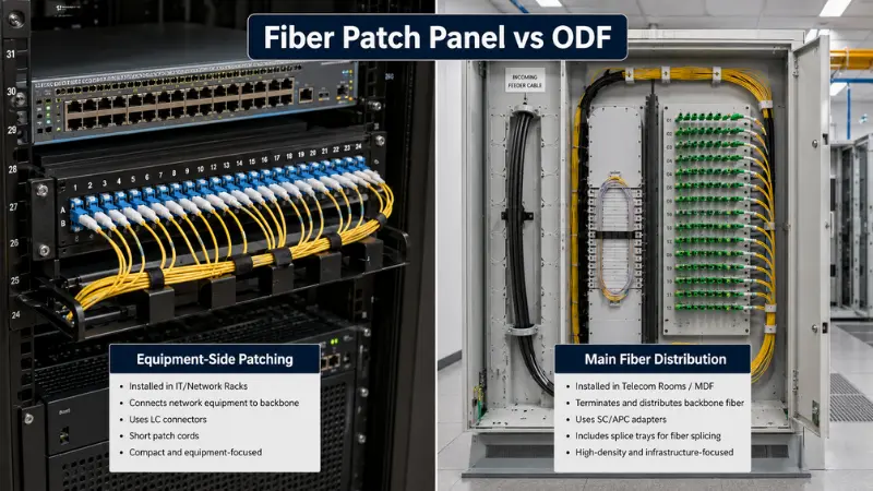 Fiber patch panel and ODF comparison showing equipment-side patching in a server rack and main fiber distribution in a telecom room. Fiber patch panel and ODF comparison showing equipment-side patching in a server rack and main fiber distribution in a telecom room.