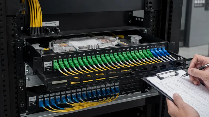 Optical fiber patch panel ODF installed in a 19-inch telecom rack with organized fiber cable management Optical fiber patch panel ODF installed in a 19-inch telecom rack with organized fiber cable management