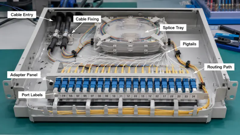 Internal structure of an optical fiber patch panel showing adapters splice trays pigtails and cable routing