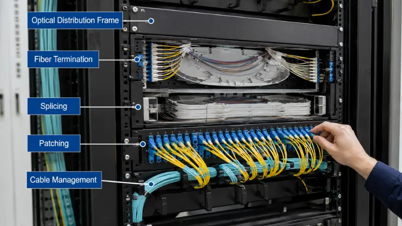 Optical distribution frame used for fiber termination, splicing, patching and cable management in a telecom room Optical distribution frame used for fiber termination, splicing, patching and cable management in a telecom room