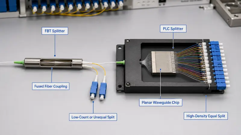 FBT splitter vs PLC splitter showing fused fiber coupling and planar waveguide chip structures FBT splitter vs PLC splitter showing fused fiber coupling and planar waveguide chip structures