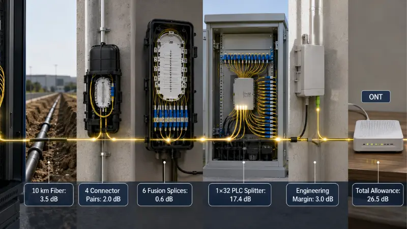 1×32 PLC splitter optical budget example with fiber connector splice and engineering losses