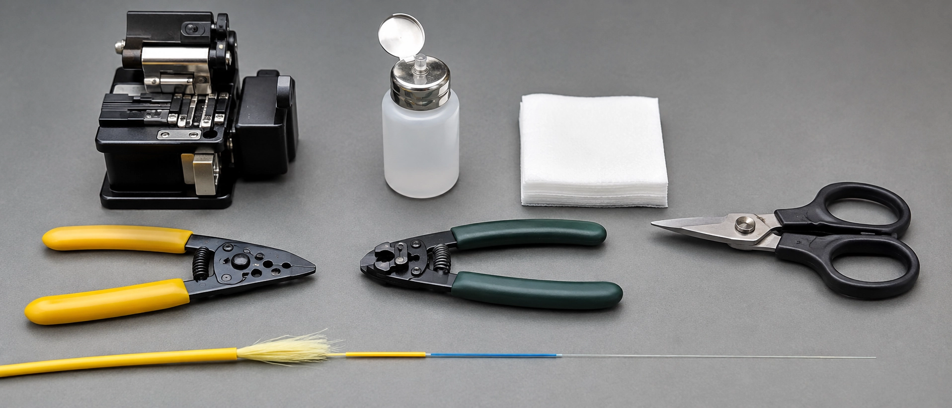Precision fiber optic stripping tool and cable preparation equipment for fiber pigtail splicing setup Precision fiber optic stripping tool and cable preparation equipment for fiber pigtail splicing setup