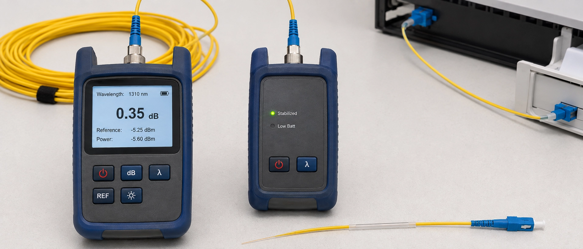 Optical Loss Test Set OLTS handheld power meter measuring end to end insertion loss for TIA-568.3-D Tier 1 fiber pigtail certification testing Optical Loss Test Set OLTS handheld power meter measuring end to end insertion loss for TIA-568.3-D Tier 1 fiber pigtail certification testing